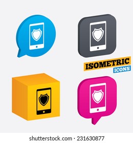 Smartphone protection sign icon. Shield symbol. Isometric speech bubbles and cube. Rotated icons with edges. Vector