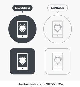 Smartphone protection sign icon. Shield symbol. Classic and line web buttons. Circles and squares. Vector