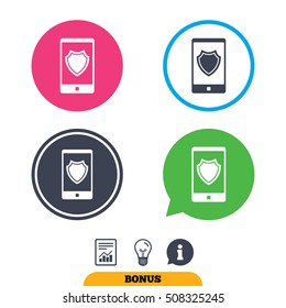 Smartphone protection sign icon. Shield symbol.