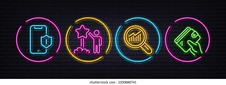 Smartphone protection, Star and Data analysis minimal line icons. Neon laser 3d lights. Wallet icons. For web, application, printing. Phone, Launch rating, Magnifying glass. Money budget. Vector