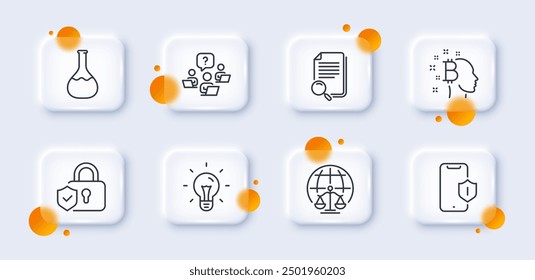 Smartphone protection, Teamwork question and Search file line icons pack. 3d glass buttons with blurred circles. Idea, Bitcoin think, Chemistry lab web icon. Vector