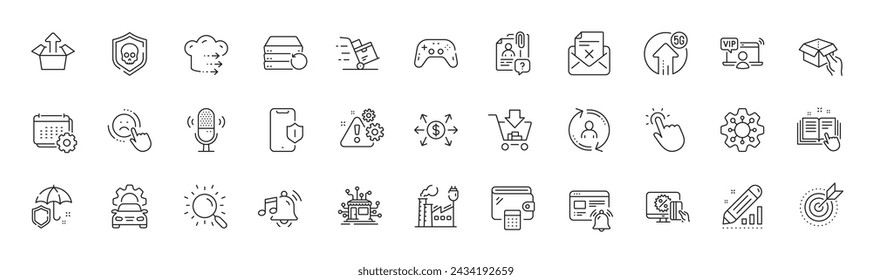 Protección para smartphone, documentación técnica e iconos de línea de advertencia. Paquete de servicio de coche, compras, icono de Touchpoint. Objetivo, Cartera, Pictograma de compras en línea. Editar estadísticas. Vector
