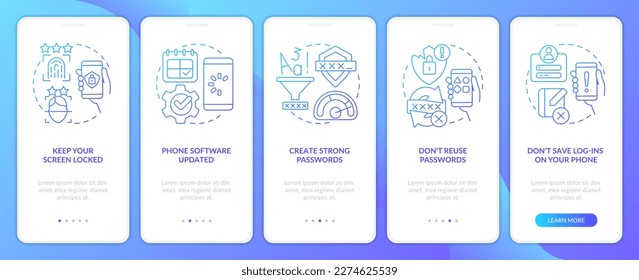Smartphone protection tips blue gradient onboarding mobile app screen. Walkthrough 5 steps graphic instructions with linear concepts. UI, UX, GUI template. Myriad Pro-Bold, Regular fonts used