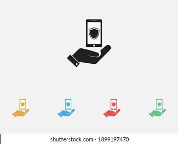 Smartphone protection vector icon. Mobile Security. Mobile phone with shield icon in a hand. Set of colorful flat design icons. 