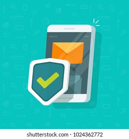 Smartphone protection vector illustration, flat cartoon design of mobile phone with security shield, cellphone protect concept, e-mail internet safety, email messages antivirus system, guard software