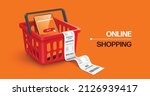 Smartphone with purchase icon on screen Place in red shopping cart with unfolded receipt paper and draped over edge of shopping cart for online shopping concept,vector 3d isolated on orange background