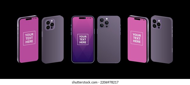 Smartphone with purple colour and pink screen. Mobile phones with different angles of view. Vector illustration.