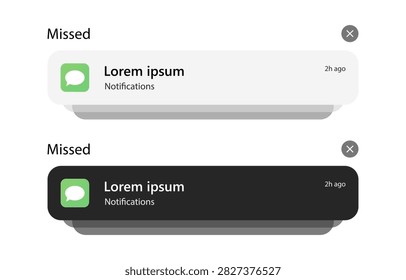 Smartphone Push Notification Banner in Light and Dark Mode. Vector Illustration