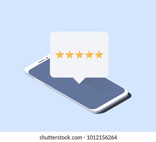 Smartphone and push notification with five stars on it. Isometric vector illustration