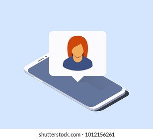 Smartphone and push notification with woman avatar on it. Isometric vector illustration