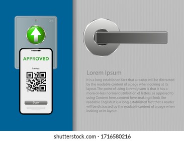 Smartphone With Qr Code Approved And An Electronic Reader At The Entrance To The Building, Office, Home. Security And Privacy Technology Concept. Track Employee Hours And Door Access 