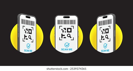 Smartphone QR Code and Barcode Scan Template. Front and Side 3D Views for App Screenshots, Landing Pages, and UI Design. Vector Illustration for QR Verification.