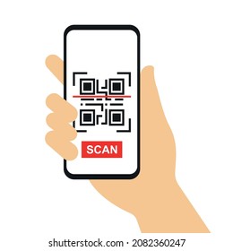 Smartphone with QR code in hand. Scan the QR code. Mobile phone in human hand which scanning. Flat vector illustration.
