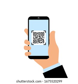 Smartphone With A QR Code On The Screen. Vector Illustration. Hand Holding A Modern Phone To Scan The QR Code.