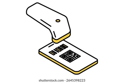 Smartphone with QR code payment and barcode reader simple line drawing icon, isometric illustration of mobile transaction and cashless payment, Vector Illustration