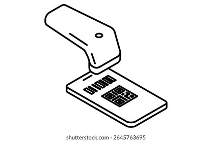 Smartphone with QR code payment and barcode reader simple line drawing icon, isometric illustration of mobile transaction and cashless payment, black and white, Vector Illustration