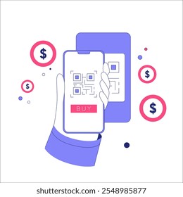 Smartphone With QR Code And Payment Button In Flat Vector Illustration Symbolizing Digital Transactions And Online Shopping, Isolated On White Background.