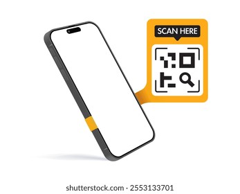 Smartphone QR Code 'SCAN HERE' Label Template - Ideal para aplicativos móveis, folhetos, cartazes, banners e apresentações. Vetor.