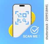 Smartphone QR Code Scan Me Template for App Screenshots. Ideal for Landing Pages, UI, Web, Mobile Apps, Banners and Flyers. Vector Illustration for QR Verification.