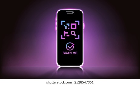 Smartphone QR Code Scan Template with Glowing Neon Background - Perfect for Landing Pages, Mobile Apps, Banners, and Flyers. Vector Illustration for QR Verification