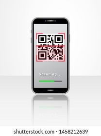 Smartphone with QR code scanner mobile app and loading bar isolated on glossy table. Payment, online shopping, mobile app, retail cashless technology concept.
