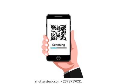 Smartphone QR code scanning to payment, Hand holding smartphone on isolated background, Vector illustration.