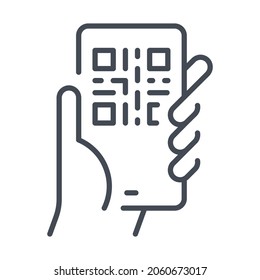 Smartphone with QR code vector line icon. Hand with mobile phone and QR code on display outline icon.