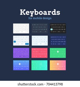 Los teclados móviles de Smartphone QWERTY se burlan.  Variaciones en diferentes colores y estilos. Ideal para aplicaciones de diseño móvil. Teclados alfabéticos para diseños de smartphones y aplicaciones. Aislado en la oscuridad.