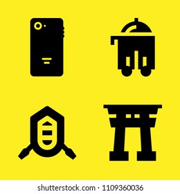smartphone, rafting, room service and torii gate vector icon set. Sample icons set for web and graphic design