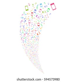 Smartphone random fireworks stream. Vector illustration style is flat bright multicolored iconic symbols on a white background. Object fountain combined from scattered pictographs.