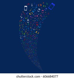 Smartphone random fireworks stream. Vector illustration style is flat bright multicolored iconic symbols on a blue background. Object fountain done from scattered icons.