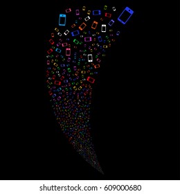 Smartphone random fireworks stream. Vector illustration style is flat bright multicolored iconic symbols on a black background. Object fountain done from scattered pictograms.