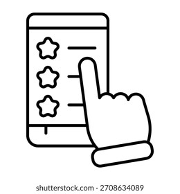 Smartphone con estrellas de velocidad y puntero de mano icono de línea delgada, concepto de lunes cibernético. Gráficos de Vector. Mano con la muestra de la pantalla del teléfono en el fondo blanco, icono del estilo del contorno para el móvil o el Diseño web