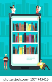 Smartphone mit Leser-App und Menschen, die Bücher lesen. Online-Buchladen, Bibliothek und Bildung Vektorillustration Konzept. Illustration von Regalbüchern mit telefonischer Literatur