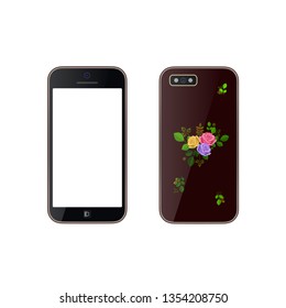 Smartphone realistic in black color, decorated of flower print, with a blank screen. Mockup for placing your content. Isolated on white background. Vector illustration.