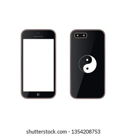 Smartphone realistic in black color, decorated with a Ying-Yang print, with a blank screen. Layout for placing your content. Isolated on white background. Vector illustration.