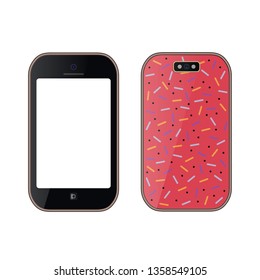 Smartphone realistic in black color, decorated of print, with a blank screen. Mockup for placing your content. Isolated on white background. Vector illustration