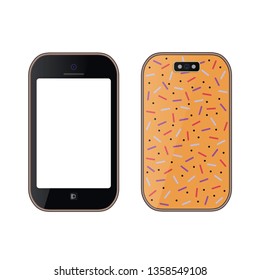 Smartphone realistic in black color, decorated of print, with a blank screen. Mockup for placing your content. Isolated on white background. Vector illustration