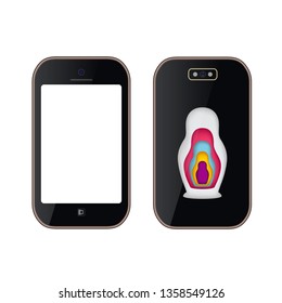 Smartphone realistic in black color, decorated of nesting doll print, with a blank screen. Mockup for placing your content. Isolated on white background. Vector illustration