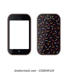Smartphone realistic in black color, decorated of print, with a blank screen. Mockup for placing your content. Isolated on white background. Vector illustration