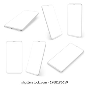 Smartphone. Realistic devices. View from different angles on 3D phones. Modern mobiles set. Frameless white screens with copy space. Cellphone advertising presentation. Vector gadgets