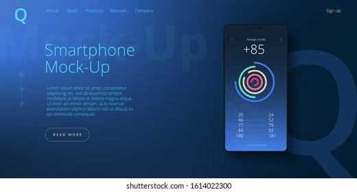 Smartphone realistic mockup in blue color palette. Black cellphone front screen mock up on gradient background. Web banner layout template.