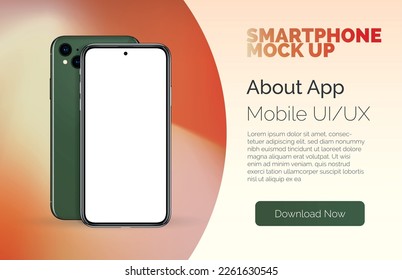 Smartphone realistic mockup. Device UI, UX mock up for presentation template. Cellphone frame with blank display isolated templates, phone front and back views. 3d isometric illustration cell phone