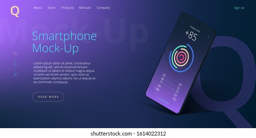 Smartphone realistic mockup in purple color palette. Black cellphone angle screen mock up on gradient background. Web banner layout template.