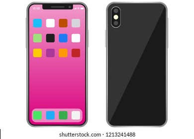 Smartphone, realistic smartphone with screen saver and application icons. Vector illustration.