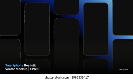 Smartphone Realistic Vector Mockup. Lots of Mobile Screens in a Row on Dark Background. Vector illustration