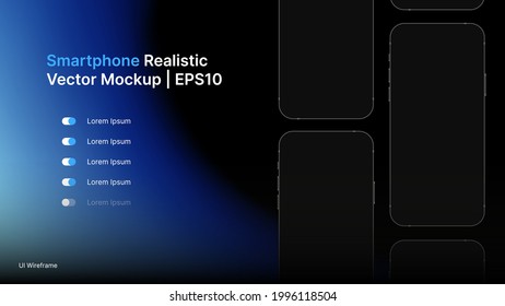 Smartphone Realistic Vector Mockup. UI Slide, Wireframe. Set of Mobile Phones on Dark Background. Template for Tech Presentation. Vector illustration