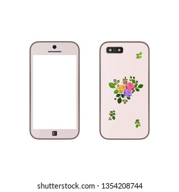 Smartphone realistic in white color, decorated of flower print, with a blank screen. Mockup for placing your content. Isolated on white background. Vector illustration.