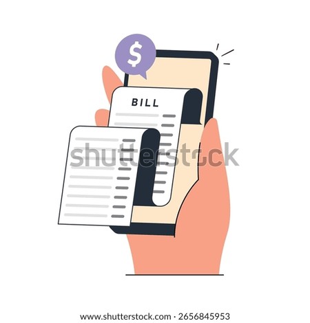 Smartphone receipt bill. Billing check online, bills checking and paycheck receipts mobile notification. Shopping cash bill slip, buying tax transaction service flat vector illustration