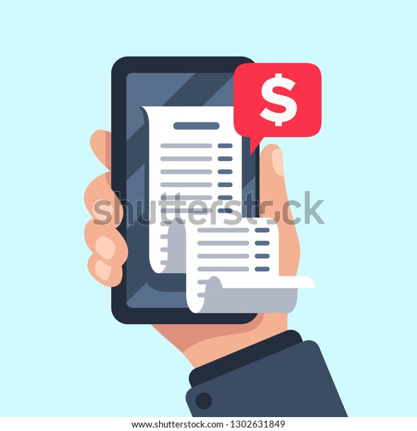 スマートフォンの領収書の請求書 請求チェックオンライン 請求チェック および支払い確認の受け取りには モバイル通知が含まれます 買い物現金請求書 明細 購買税トランザクションサービスのフラットベクター画像イラスト のベクター画像素材 ロイヤリティフリー